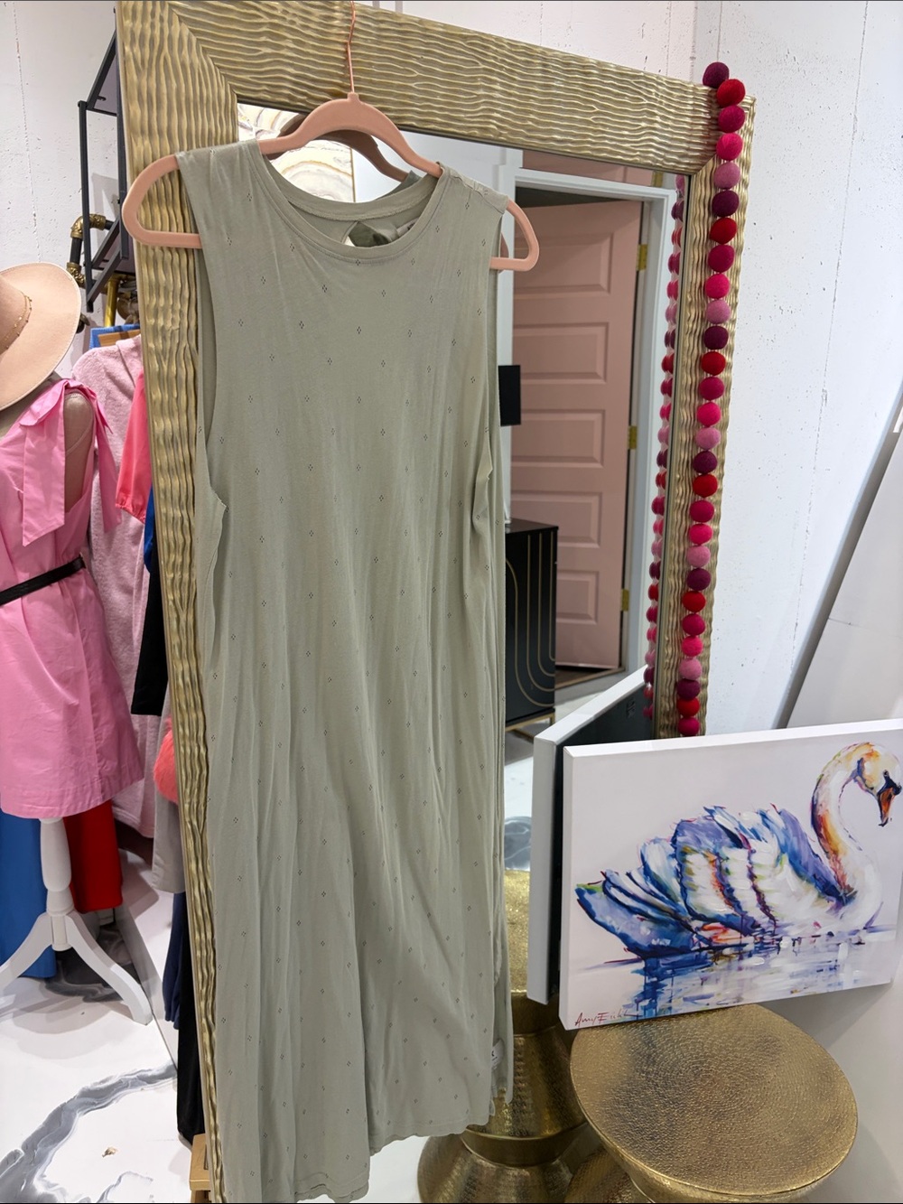 Sleeveless Olive Midi Dress with Subtle Dot Texture